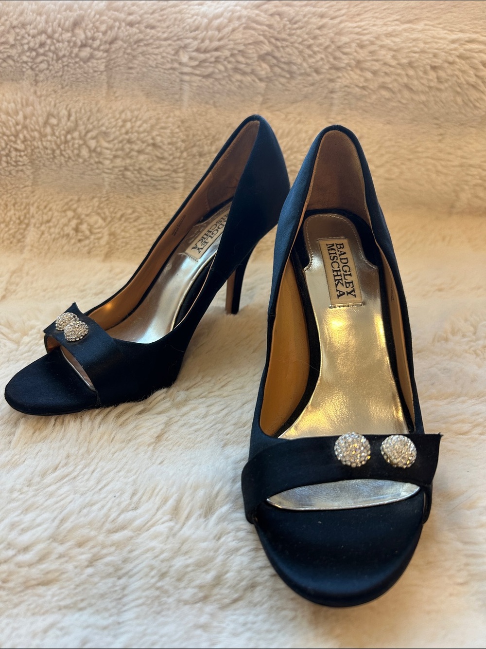 Badgley Mischka Black Satin Peep Toe Heels with Crystal Button Detail